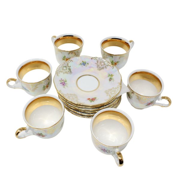 Moritz Zdekauer Czech Republic Iridescent Porcelain Tea Cup And Saucer 12PC Set - Picture 2 of 12